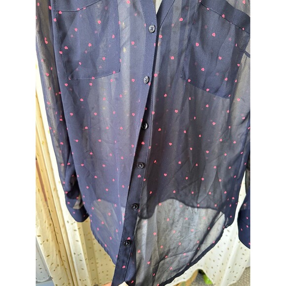 Express Women's Sheer Navy Polka Dot Hearts Button Down Portofino Shirt M - Picture 3 of 7